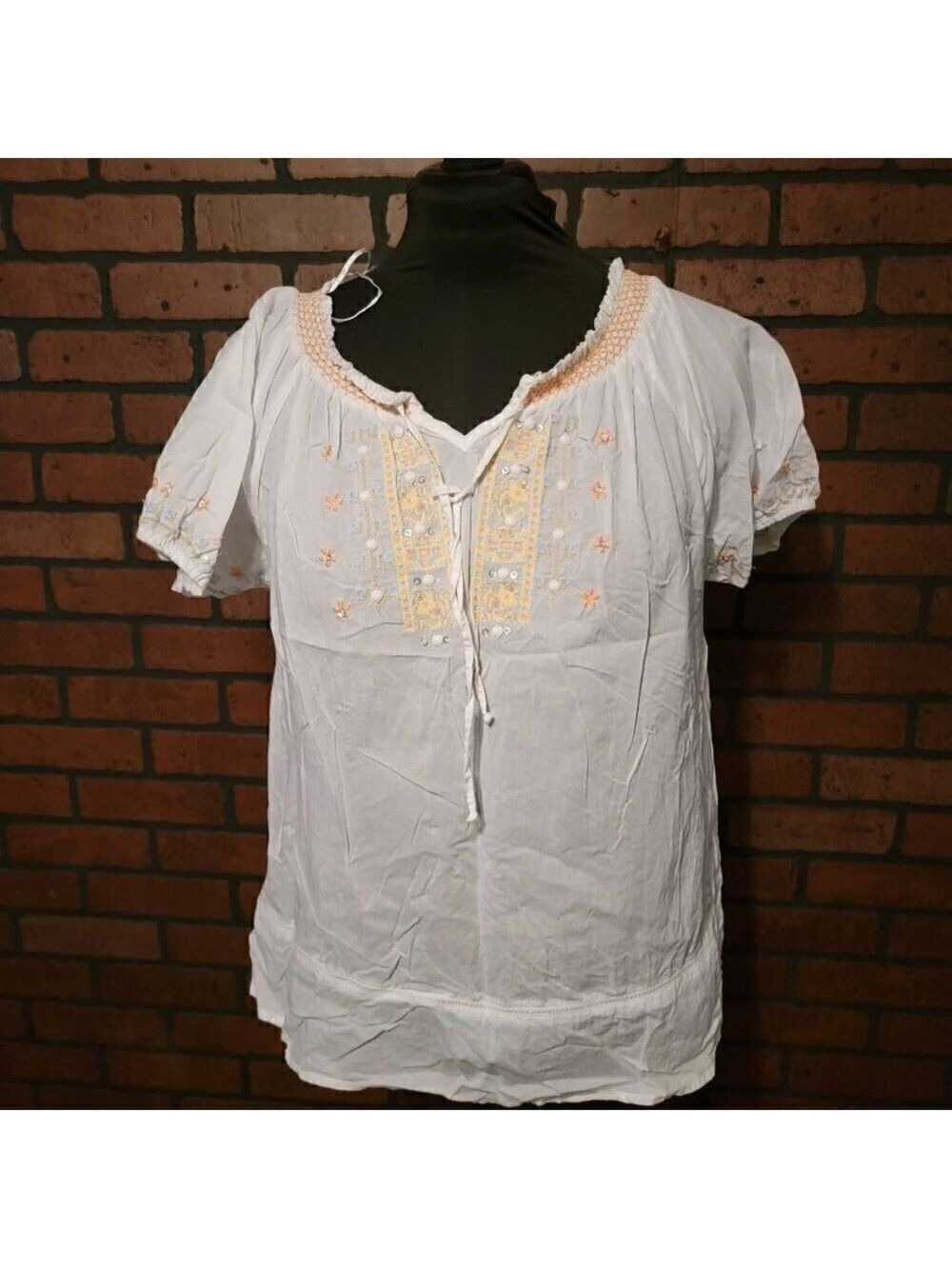 KC - Khaki's and Co White with orange, yellow, blue embroidery peasant top